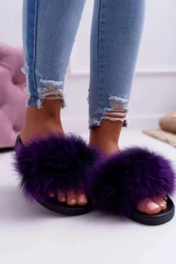 Damskie Klapki z Naturalnym Futerkiem Fioletowe Naturis