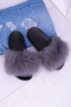 Damskie Klapki z Naturalnym Futerkiem Szare Naturis