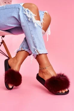 Damskie Klapki z Naturalnym Futerkiem Ciemno Czerwone Naturis