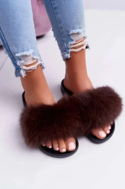 Damskie Klapki z Naturalnym Futerkiem Coffee Naturis