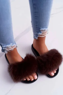 Damskie Klapki z Naturalnym Futerkiem Coffee Naturis