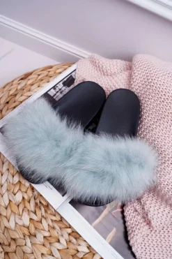 Damskie Klapki z Naturalnym Futerkiem Miętowe Naturis