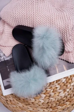 Damskie Klapki z Naturalnym Futerkiem Miętowe Naturis