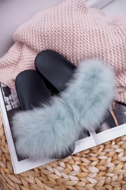 Damskie Klapki z Naturalnym Futerkiem Miętowe Naturis