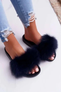 Damskie Klapki z Naturalnym Futerkiem Granatowe Naturis