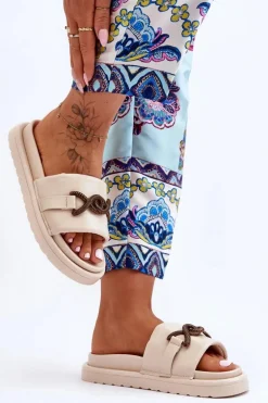 Damskie Klapki Z Ozdobą Beżowe Verso