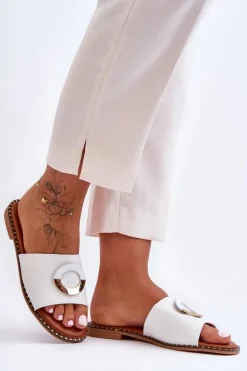 Damskie Klapki Z Ozdobą Białe Sherry