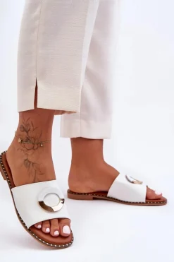 Damskie Klapki Z Ozdobą Białe Sherry