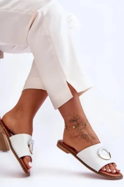 Damskie Klapki Z Ozdobą Białe Sherry