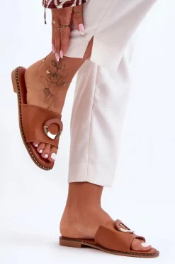 Damskie Klapki Z Ozdobą Brązowe Sherry