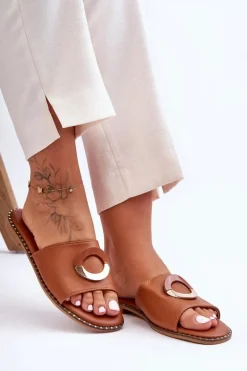 Damskie Klapki Z Ozdobą Brązowe Sherry