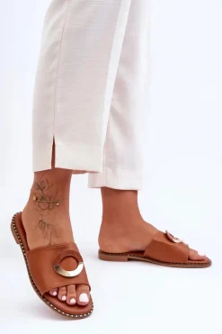 Damskie Klapki Z Ozdobą Brązowe Sherry