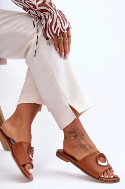 Damskie Klapki Z Ozdobą Brązowe Sherry