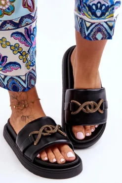 Damskie Klapki Z Ozdobą Czarne Verso