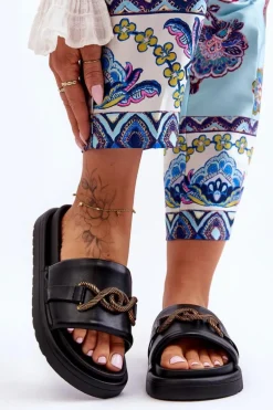 Damskie Klapki Z Ozdobą Czarne Verso