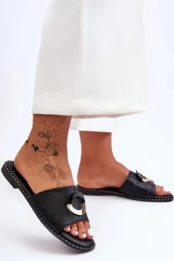 Damskie Klapki Z Ozdobą Czarne Sherry