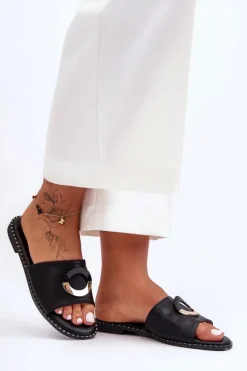 Damskie Klapki Z Ozdobą Czarne Sherry