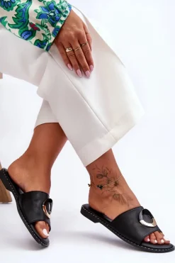 Damskie Klapki Z Ozdobą Czarne Sherry