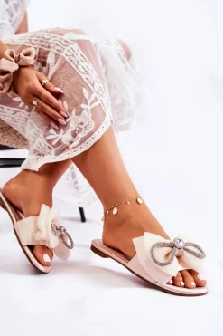 Damskie Klapki Z Ozdobną Kokardą Beżowe Calerine