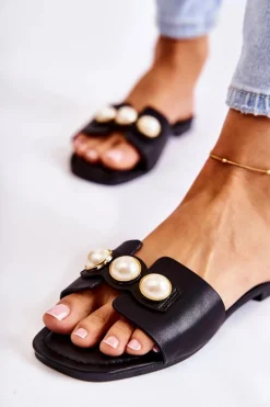 Damskie Klapki Z Ozdobnymi Perełkami Czarne Tacoma