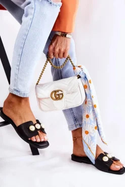 Damskie Klapki Z Ozdobnymi Perełkami Czarne Tacoma