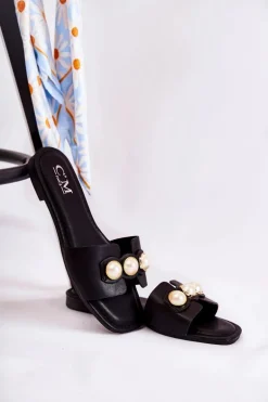 Damskie Klapki Z Ozdobnymi Perełkami Czarne Tacoma