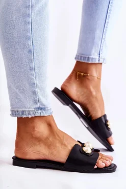 Damskie Klapki Z Ozdobnymi Perełkami Czarne Tacoma