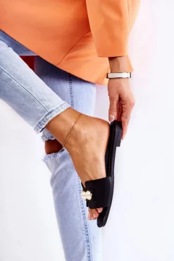 Damskie Klapki Z Ozdobnymi Perełkami Czarne Tacoma