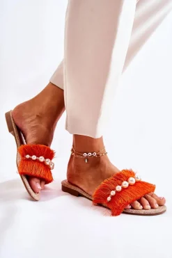 Damskie Klapki Z Ozdobnym Paskiem Pomarańczowe Ramisa