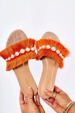 Damskie Klapki Z Ozdobnym Paskiem Pomarańczowe Ramisa