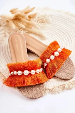 Damskie Klapki Z Ozdobnym Paskiem Pomarańczowe Ramisa