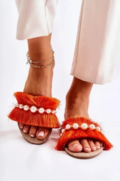 Damskie Klapki Z Ozdobnym Paskiem Pomarańczowe Ramisa