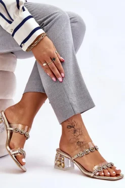 Damskie Klapki Z Ozdobnymi Cyrkoniami Złote Leyla