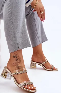 Damskie Klapki Z Ozdobnymi Cyrkoniami Złote Leyla