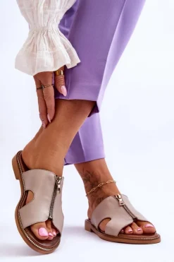 Damskie Klapki Z Ozdobnym Zamkiem Beżowe Lemar Clarence