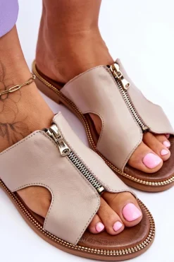 Damskie Klapki Z Ozdobnym Zamkiem Beżowe Lemar Clarence