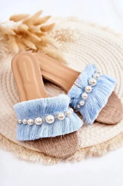 Damskie Klapki Z Ozdobnym Paskiem Niebieskie Ramisa