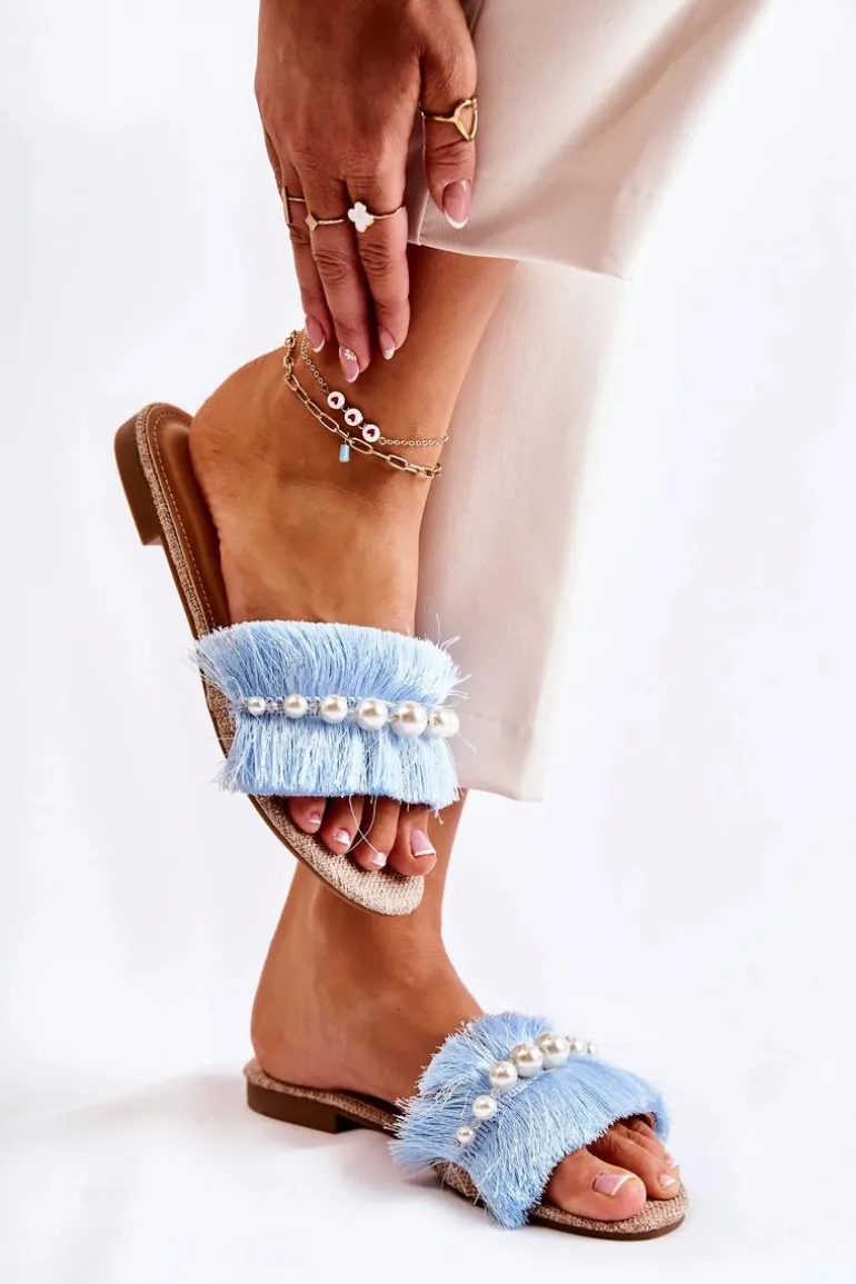 Damskie Klapki Z Ozdobnym Paskiem Niebieskie Ramisa