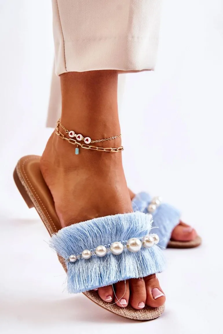 Damskie Klapki Z Ozdobnym Paskiem Niebieskie Ramisa