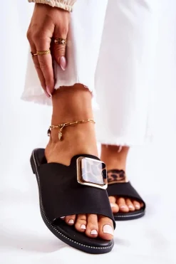 Damskie Klapki Z Ozdobnym Elementem Czarne Leonia