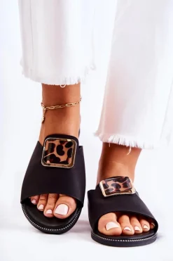 Damskie Klapki Z Ozdobnym Elementem Czarne Leonia