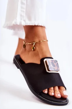 Damskie Klapki Z Ozdobnym Elementem Czarne Leonia