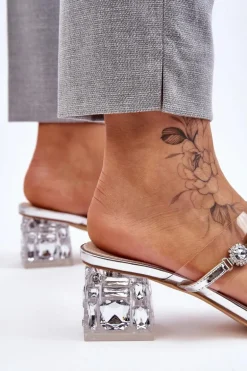 Damskie Klapki Z Ozdobnymi Cyrkoniami Srebrne Leyla