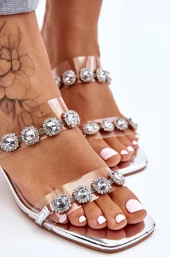 Damskie Klapki Z Ozdobnymi Cyrkoniami Srebrne Leyla