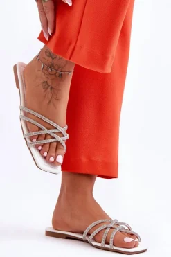 Damskie Klapki Z Paseczkami I Dżetami Białe Leomi