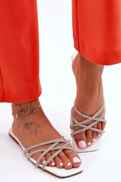 Damskie Klapki Z Paseczkami I Dżetami Białe Leomi