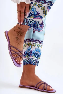 Damskie Klapki Z Paseczkami I Dżetami Fioletowe Leomi