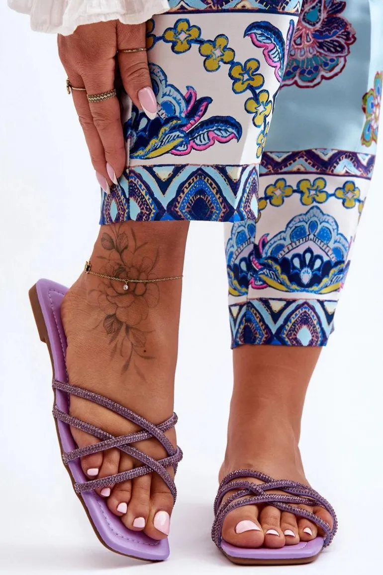 Damskie Klapki Z Paseczkami I Dżetami Fioletowe Leomi