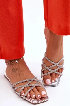 Damskie Klapki Z Paseczkami I Dżetami Srebrne Leomi