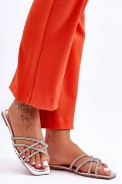 Damskie Klapki Z Paseczkami I Dżetami Srebrne Leomi